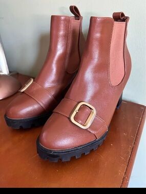 Women's BrownAnkle Boots with Buckle and funky heel